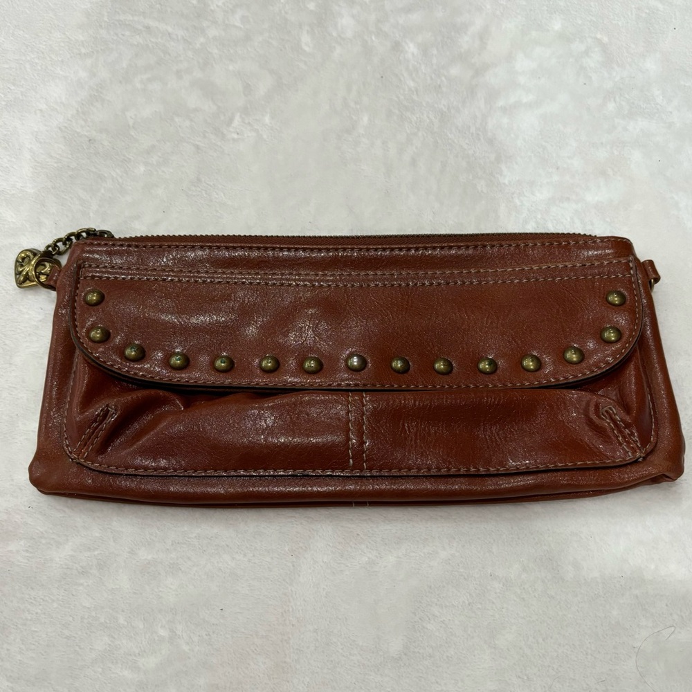 KATHY VAN ZEELAND Studded Faux Leather Wallet Wristlet Purse Clutch - brown